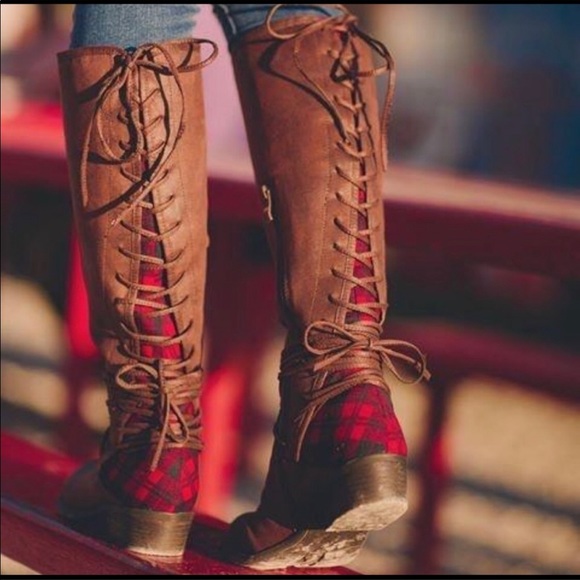 Brown/Red Plaid Corset Lace Up Knee High Boots - Picture 2 of 8
